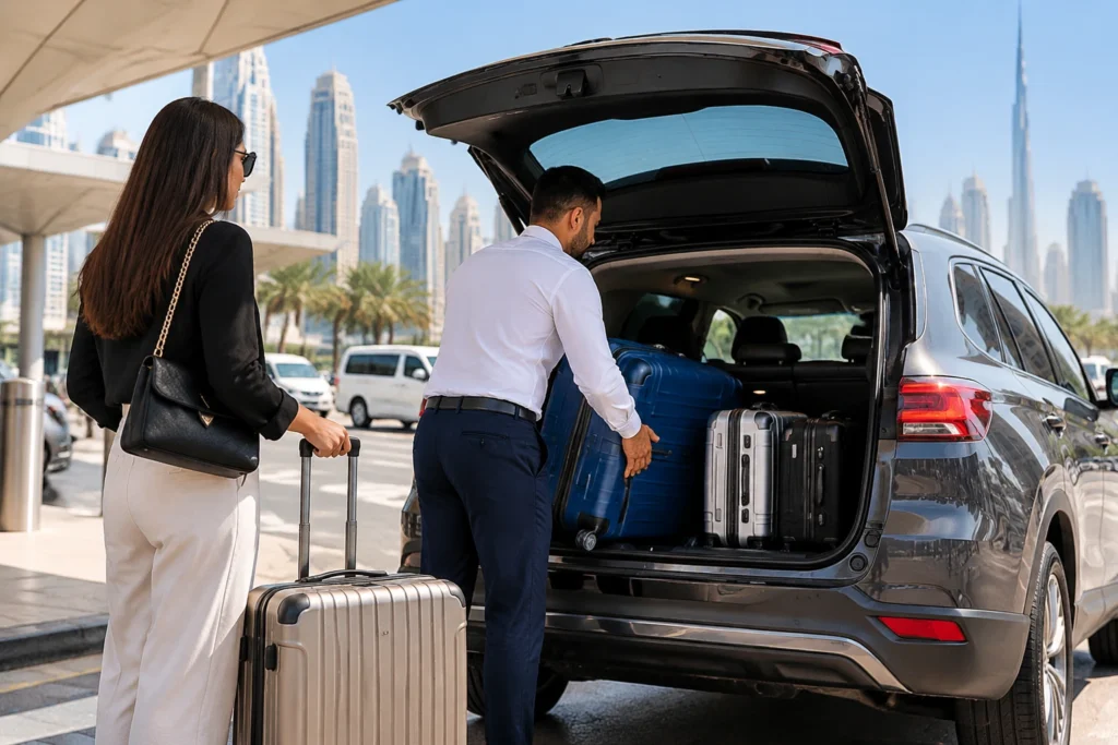 Driver loading suitcases into SUV trunk illustrating Luggage Rules for Shared Car Lift UAE.