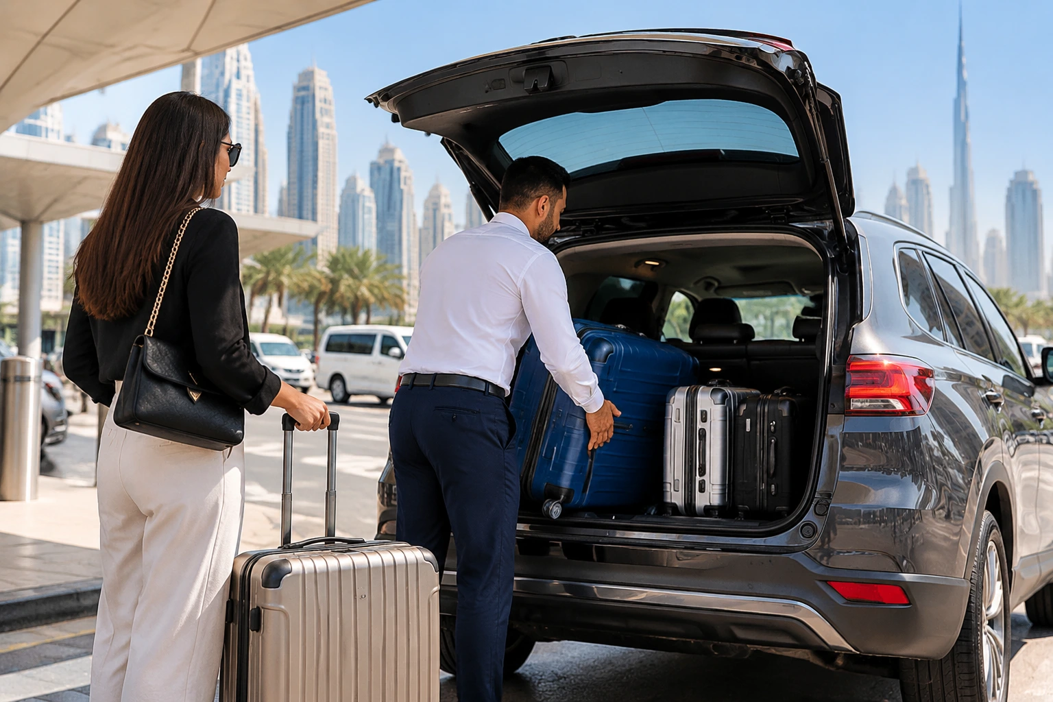 Driver loading suitcases into SUV trunk illustrating Luggage Rules for Shared Car Lift UAE.
