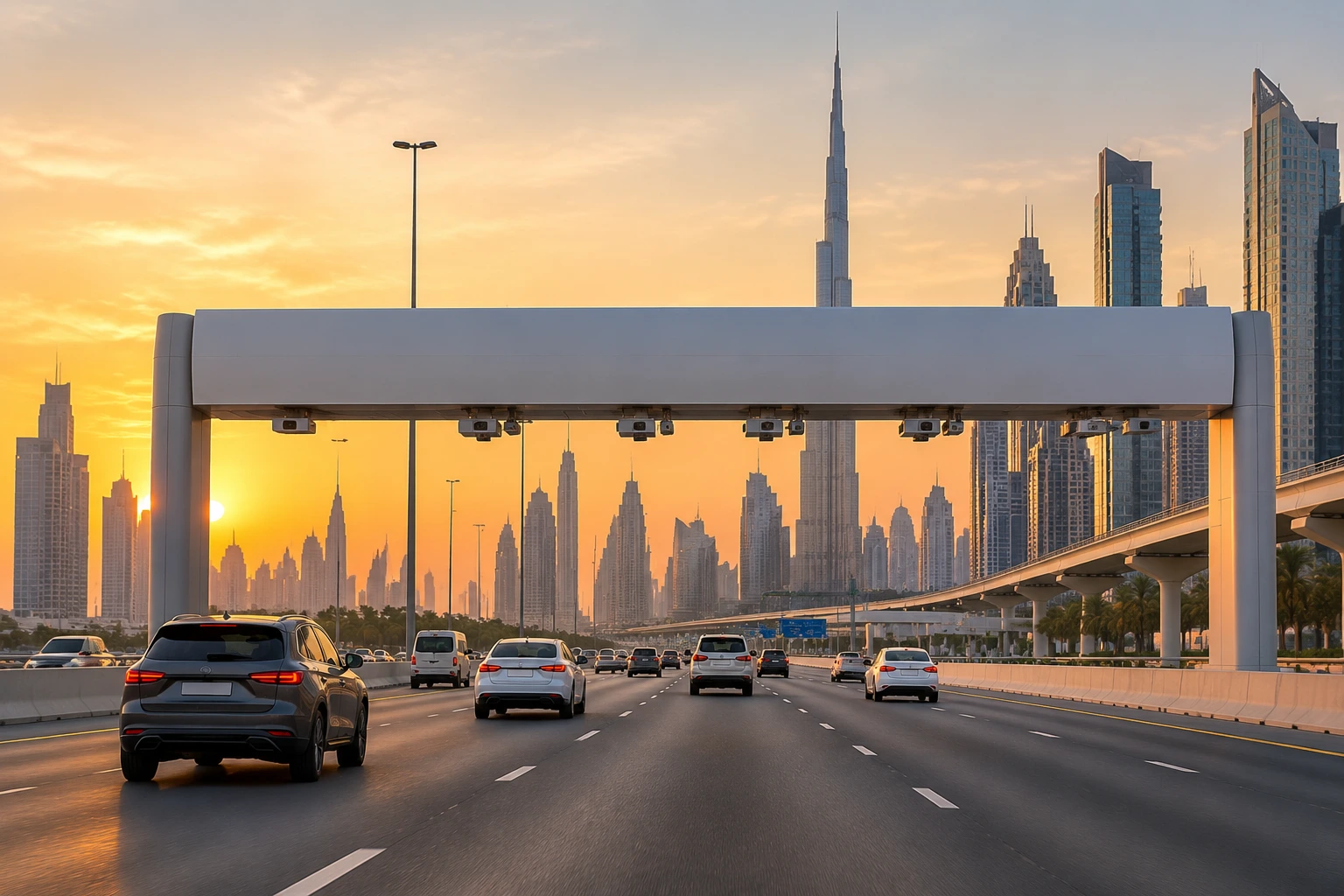 Cars passing under Dubai highway toll gate at sunset: UAE fuel and Salik price guide.
