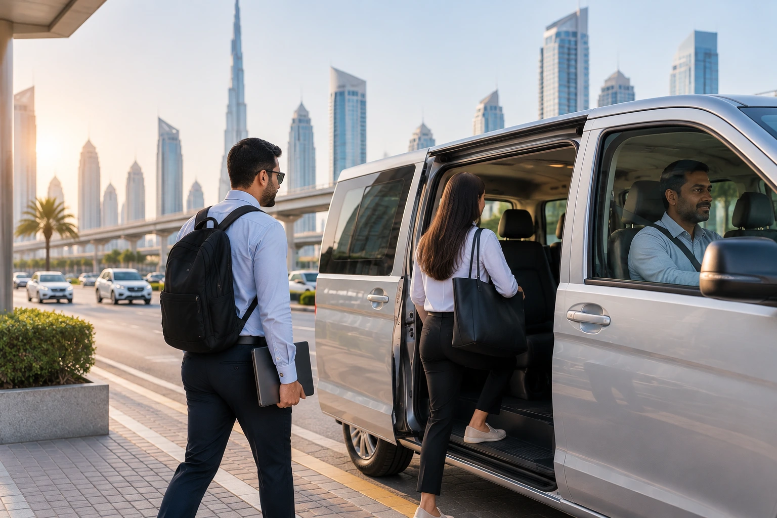 Professionals boarding van for commute showing benefits of monthly car lift service.