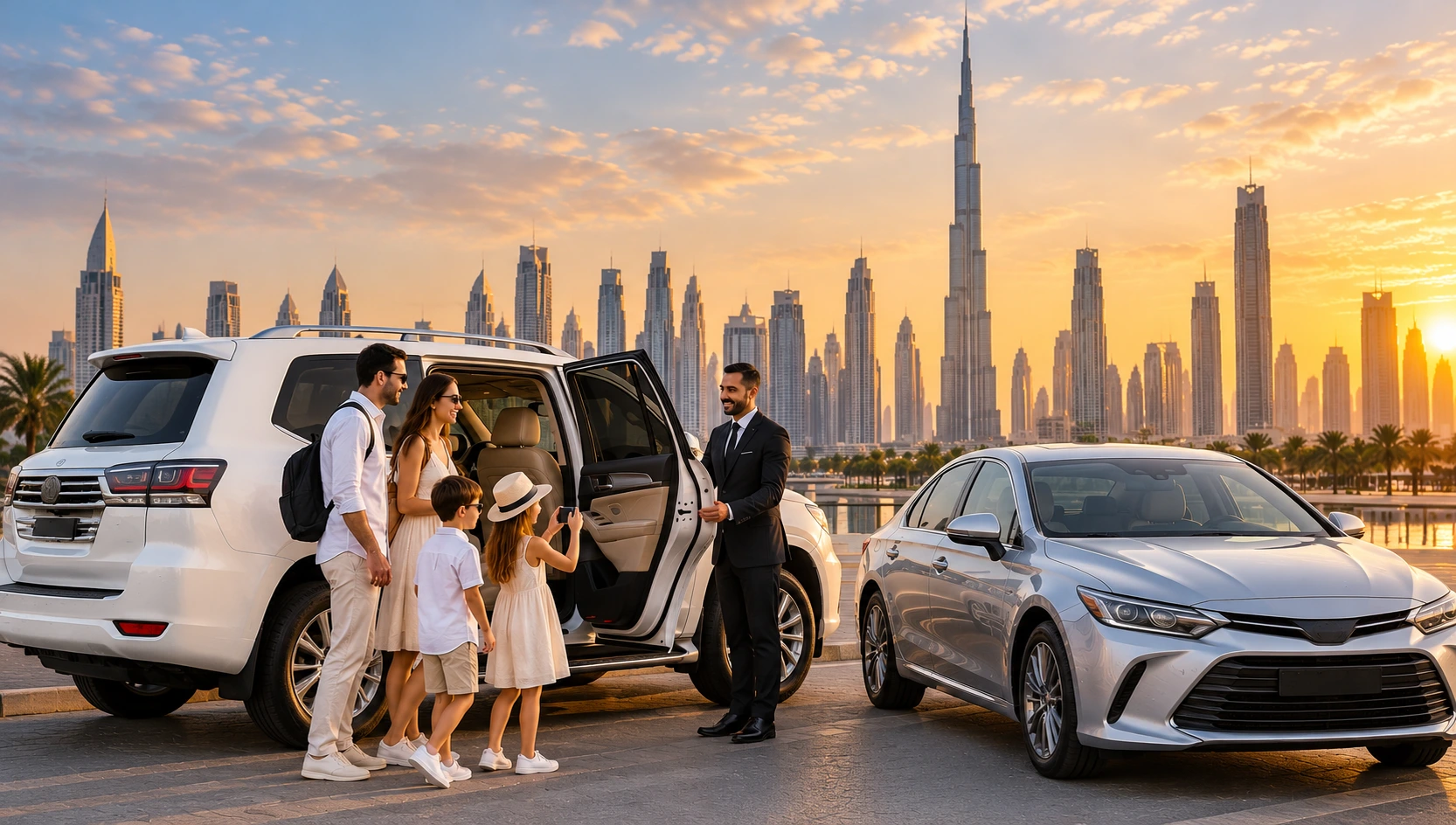 Chauffeur opening door for family near luxury SUV for Dubai city tour car lift service.