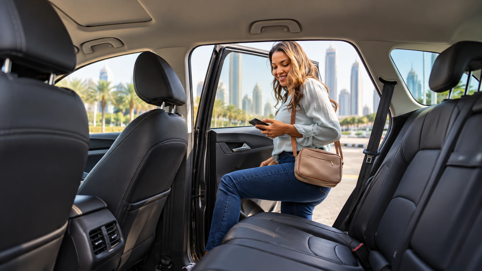 Woman entering car with city view representing Pick and Drop Services in UAE rides.