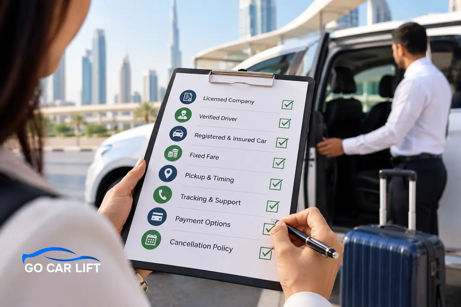 Checklist clipboard held near passenger car when booking a car lift in UAE service.