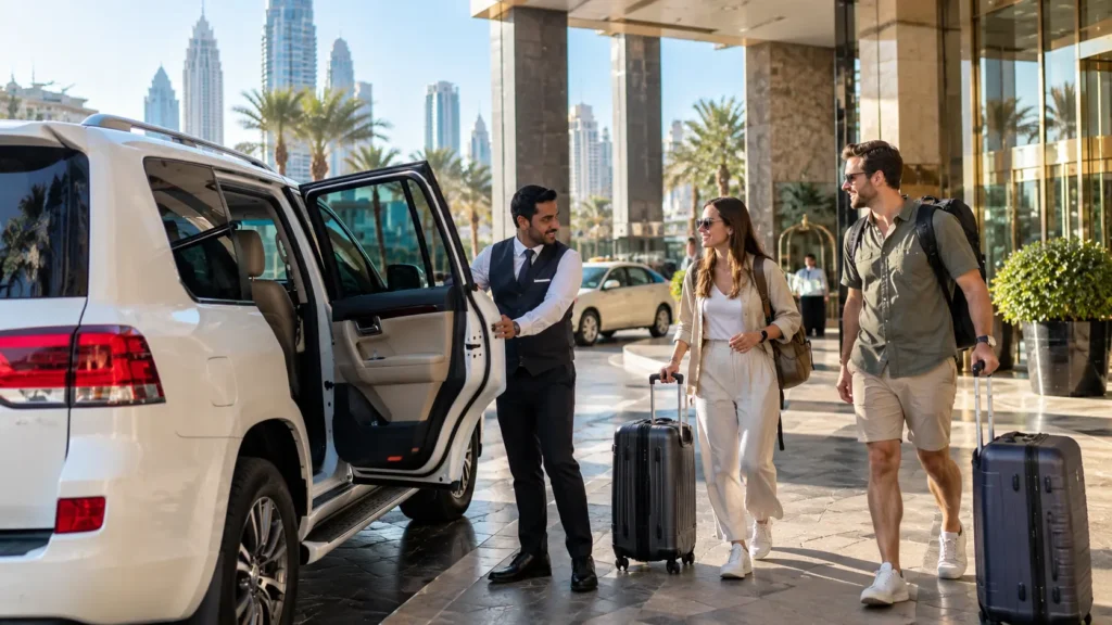 Tourist couple with luggage entering luxury SUV for get around Dubai as a tourist.