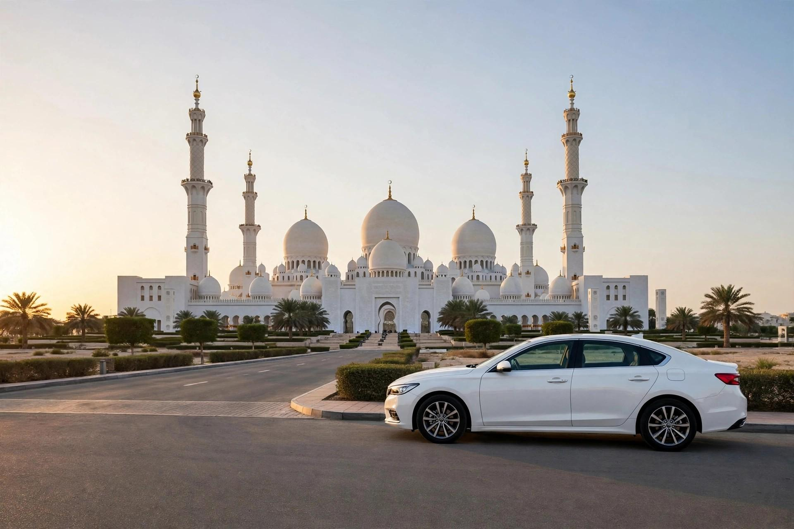 Luxury sedan parked outside Sheikh Zayed Grand Mosque during a half-day Abu Dhabi city tour.