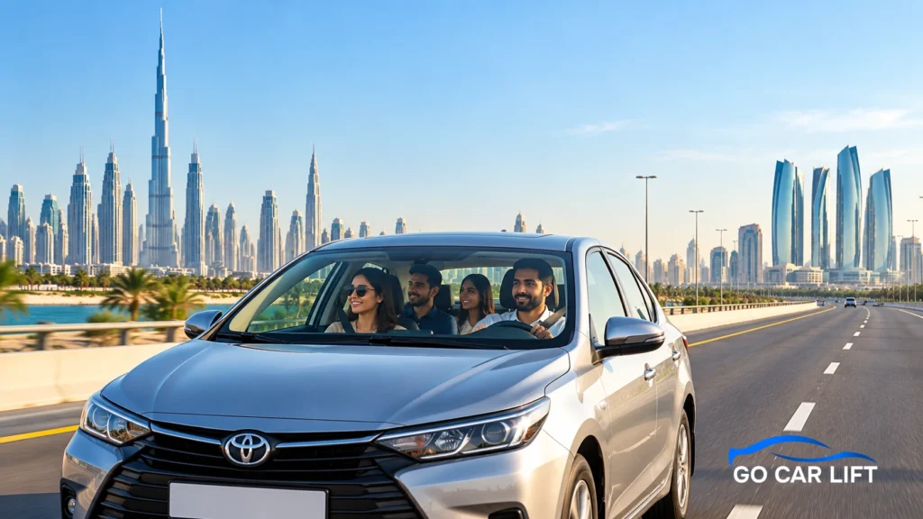 Passengers inside a car traveling on a shared car lift Dubai to Abu Dhabi route.